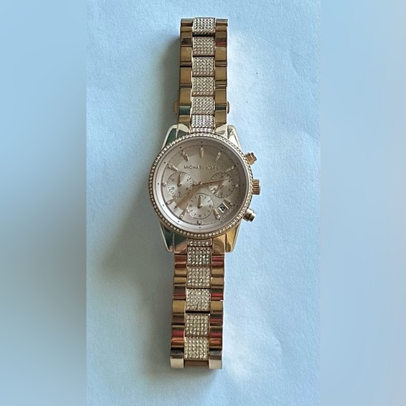 Michael Kors Ritz Pave Rose Gold-Tone Chronograph Watch - Picture 3 of 14